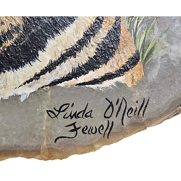Tiger Rock Stone Art Artist Signed Hand Painted Oval Big Cat Decor Painting Flat - Picture 4 of 9